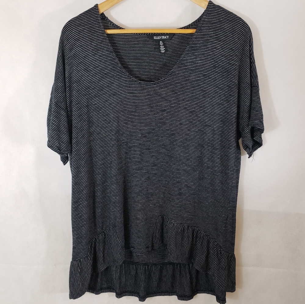 Ellen Tracy Strip Knit Top Ruffle Hem - Picture 3 of 5